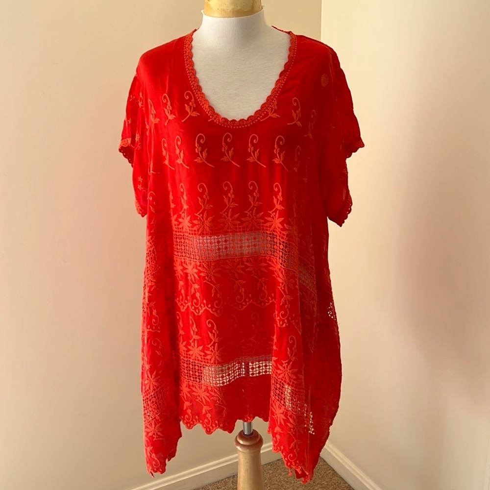 Nwt! Johnny Was Size Xxl Orangish Red Lilano All Over Embroidered Tunic Top